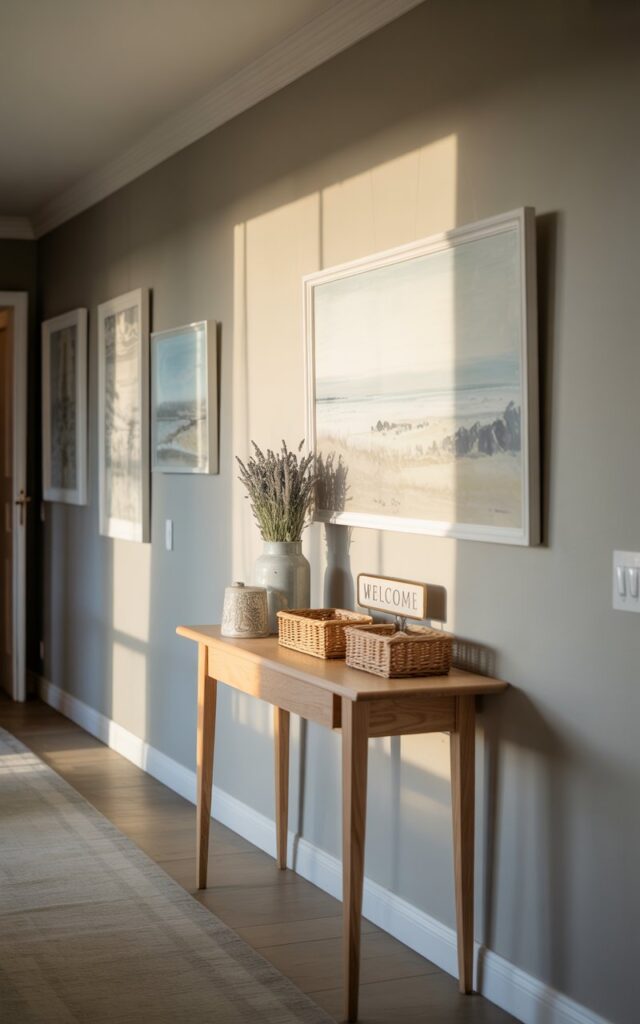 A photograph of an elegant hallway bathed in soft, diffused sunlight, showcasing a curated display of coastal artwork. A slim, light oak console table sits against the pale grey wall, topped with a collection of woven baskets and a vase holding sprigs of dried lavender, with a small brass plaque displaying “Welcome”. The walls are painted in a gradient of soft white, pale grey, and warm beige, reflecting the light to visually expand the space, while a linen runner subtly accents the hardwood floor and draws the eye towards the end of the hall. Gentle shadows play across the textured surfaces, creating a serene and polished atmosphere, hinting at the beauty of a California coastal home.