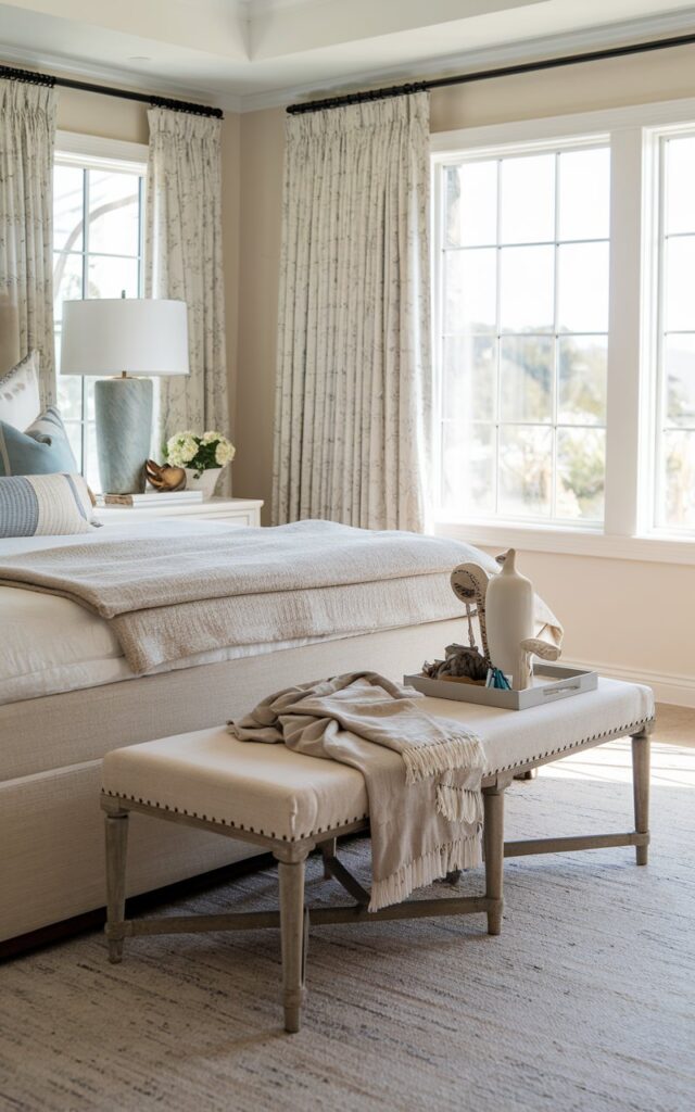 A photo of a California coastal chic bedroom with a stylish bench at the foot of the bed, layered with throws and blankets for a polished look. The room is fully furnished with a bed, nightstands, a floor rug, and coastal-inspired decor accents. Soft natural light streams through curtained windows, highlighting airy neutral tones, textured fabrics, and relaxed, elegant furnishings. The overall vibe is cozy yet sophisticated, perfectly blending California coastal charm with chic styling.