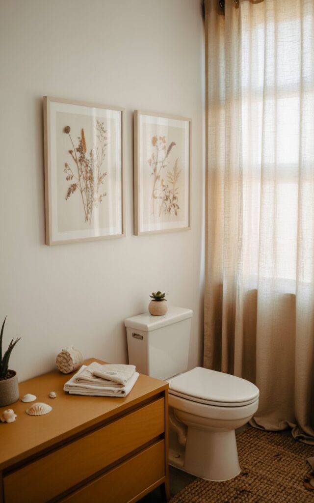 A serene California coastal bathroom featuring two elegantly framed pressed flower artworks as the focal point, hung on a crisp white wall above a sleek toilet. The delicate botanical compositions showcase dried wildflowers and grasses in natural tones, housed in thin white or light wood frames that complement the room's minimalist aesthetic. A warm honey-toned wooden vanity anchors the space, paired with soft linen curtains filtering gentle natural light and a woven jute rug beneath. Subtle coastal touches include scattered seashells on the vanity, a small succulent in a ceramic pot, and folded cream linen hand towels, creating an effortlessly curated sanctuary that blends Scandinavian simplicity with coastal warmth.