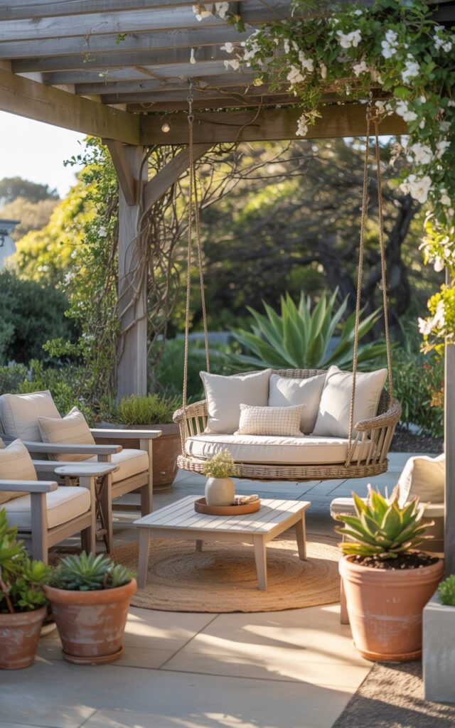 A photograph of a serene California coastal-style backyard patio, centered around a comfortable porch swing. The round swing is crafted from weathered wood and adorned with plush, cream-colored cushions, gently swaying beneath a pergola draped with climbing jasmine. Surrounding the swing are light-toned wooden chairs and a low coffee table resting on a woven jute rug, punctuated by terracotta pots overflowing with vibrant succulents and coastal grasses. Soft, golden sunlight streams through the pergola, casting dappled shadows across the patio and highlighting the tranquil, breezy atmosphere.