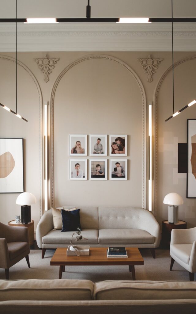 A photo of a mid-century modern living room with a European touch. There is a neutral-toned sofa, a wooden coffee table, and two accent chairs. The room has sleek lighting fixtures. On the wall behind the sofa, there is a clean, symmetrical grid of 4-5 family photos. The wall has arched details and elegant moldings. The room also has minimalist artwork.
