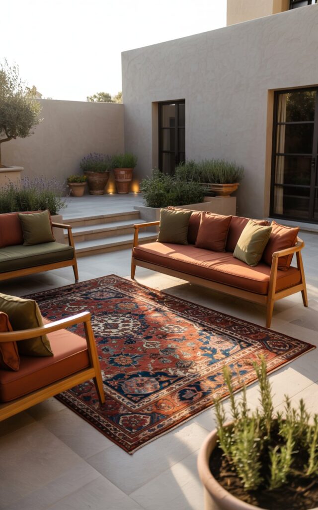 A photograph showcasing a meticulously arranged European-style patio centered around a vibrant Persian rug. The rug displays intricate floral patterns in deep reds, blues, and golds, anchoring a collection of low-profile sofas and chairs with warm oak frames and plush cushions in muted terracotta and olive tones. Surrounding the seating arrangement are several terracotta pots overflowing with lavender and rosemary, illuminated by the soft glow of concealed path lighting. The patio seamlessly blends with a light grey stucco exterior of the house, bathed in the warm, diffused light of a late afternoon sun.