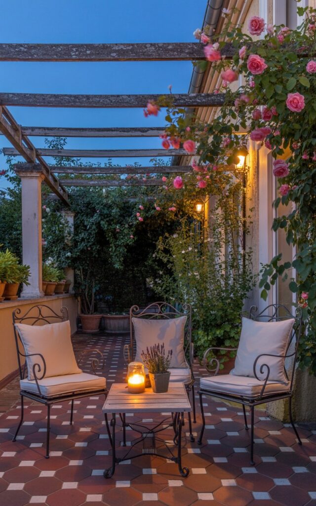 A photograph of a quaint European-style patio bathed in the warm light of dusk. A wrought-iron bistro set with plush, cream-colored cushions sits centered on a patterned terracotta tile floor, with a small wooden coffee table displaying a flickering candle and a miniature lavender plant. Above, weathered wooden pergola beams are draped with vibrant climbing roses and jasmine vines, partially obscuring the twilight sky. Soft lantern light gently illuminates the scene, casting long shadows and enhancing the feeling of "romantic garden retreat."