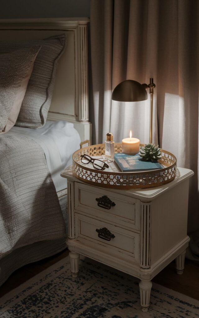 A photo of a French country bedroom with a nightstand styled with a chic decorative tray. The tray holds a pair of specs, a perfume bottle with a gold lid, a lit candle, a book, and a small succulent. The nightstand also has a night lamp which casts light on the tray. The bed is layered with textured bedding and is complemented by classic wooden furniture, a floor rug, and soft curtains. The room has no natural light.