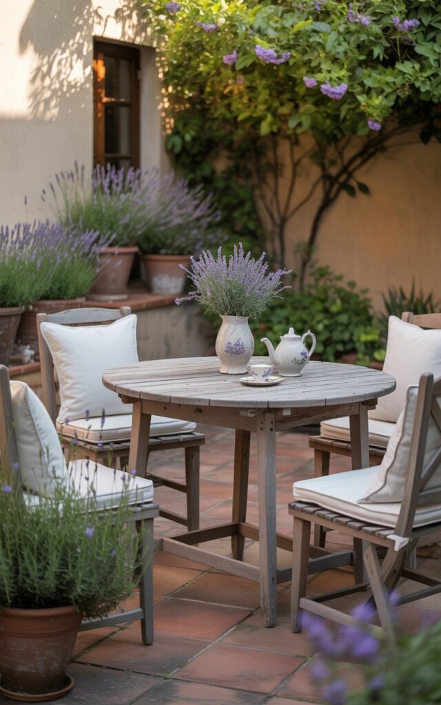 A photograph of a charming French country-style patio bathed in the warm glow of late afternoon sunlight. A round rustic wooden table sits center stage, adorned with a simple vase holding freshly cut lavender and a delicate porcelain teapot. Around the table, cushioned chairs upholstered in soft linen fabrics offer comfortable seating, while terracotta tiles create a warm, inviting foundation. Lush lavender and jasmine plants cascade from terracotta pots, their fragrance subtly filling the air and creating a scene of serene, outdoor tranquility.