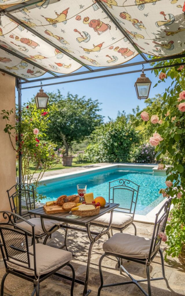 A photograph of a charming French country-style backyard patio overlooking a sparkling turquoise swimming pool. Four wrought-iron chairs with soft linen cushions surround a rustic wooden dining table laden with a simple meal of crusty bread, cheeses, and fresh fruit. A retractable canopy with a whimsical cartoon print of playful animals stretches overhead, casting dappled shadows across the patio and illuminating the climbing roses and vintage lanterns that frame the scene. Lush greenery and a clear blue sky provide a vibrant, sun-drenched backdrop, creating a picturesque and inviting retreat.