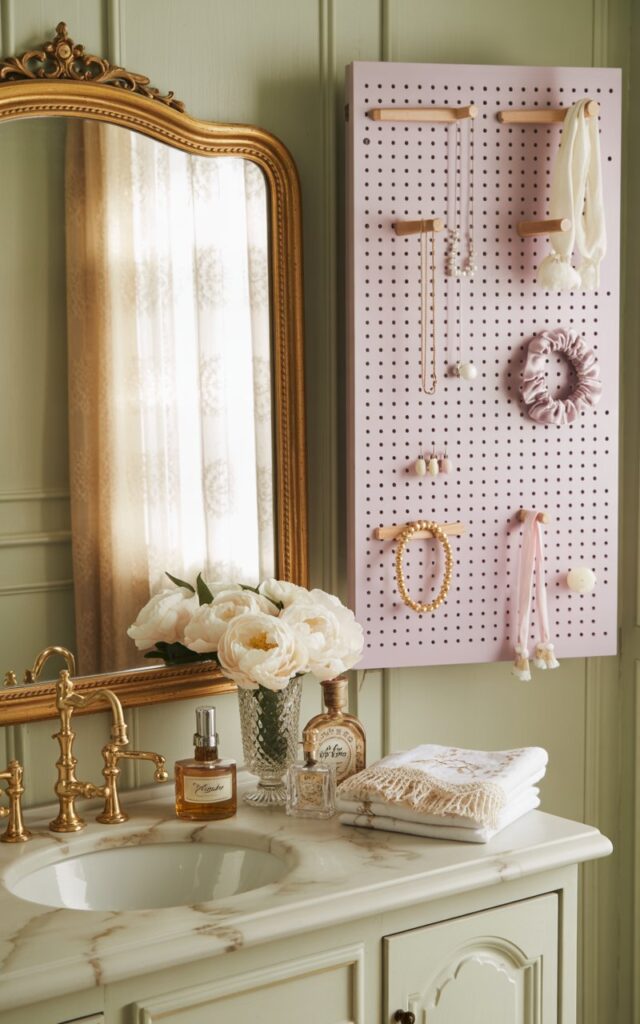 A French country-style bathroom featuring an elegant vanity area with a small pegboard wall mounted beside it, displaying delicate jewelry including gold chains, pearl bracelets, and silk scrunchies on wooden pegs. The pegboard is painted in soft lavender or sage green, complementing the room's vintage aesthetic, while the vanity showcases a creamy marble countertop with subtle veining and an ornate gilt-framed mirror with baroque details. Brass fixtures gleam warmly against white cabinetry, surrounded by romantic touches like a crystal vase filled with white peonies, antique glass perfume bottles, and ivory lace-trimmed towels folded nearby. Soft natural light filters through a lace curtain, casting gentle shadows and creating an atmosphere of timeless French countryside elegance with perfectly organized feminine charm.