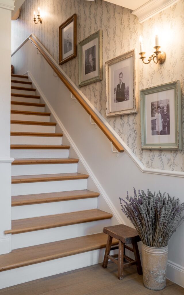 A French country-style hallway interior featuring a charming wooden staircase with light oak treads, crisp white risers, and a simple wooden handrail ascending alongside a curated gallery wall. Three to four family photographs in varying sizes are displayed in a mix of distressed wood frames and soft pastel-finished frames in cream and sage green, arranged thoughtfully along the staircase wall. The walls are adorned with delicate floral wallpaper in muted tones, punctuated by elegant brass sconces casting warm, gentle light across the space. Vintage furnishings including a small wooden bench and ceramic vase filled with dried lavender complete the scene, while soft natural light filters through, creating an inviting atmosphere of timeless French countryside elegance.