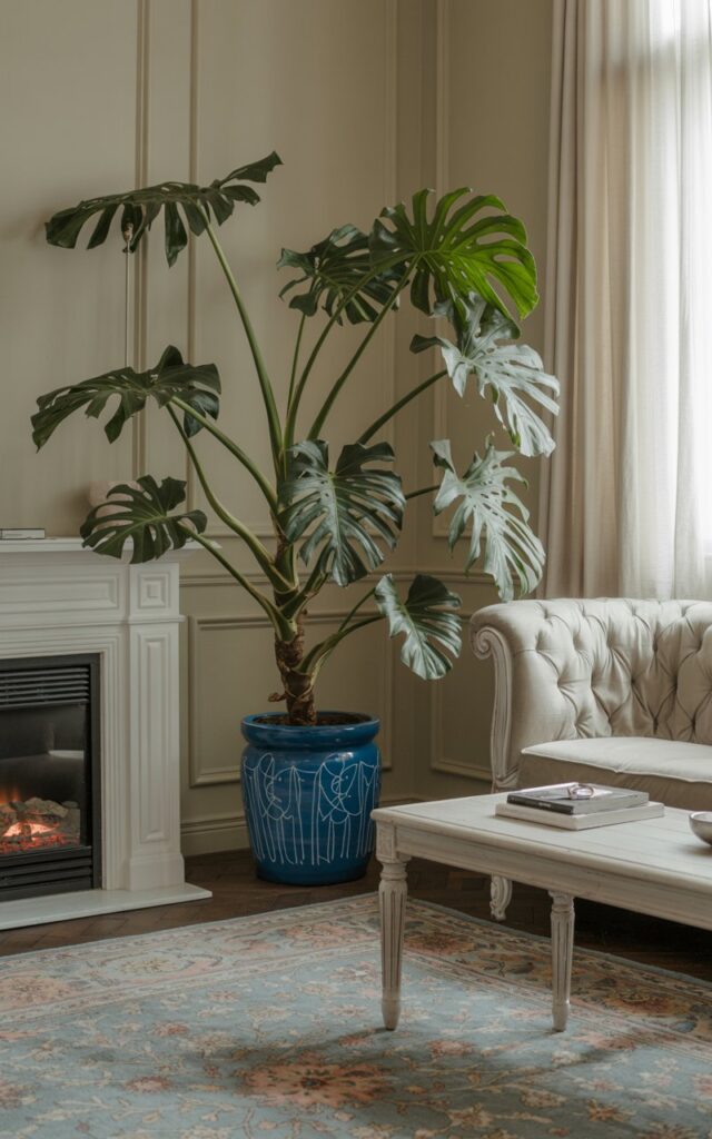 A photograph of an elegant Gustavian-style living room featuring a magnificent monstera deliciosa with broad, fenestrated leaves displayed in a vibrant cerulean blue ceramic pot with hand-painted geometric patterns. The plant is positioned beside a sleek white electric fireplace with classic molding, while a pearl-gray tufted linen sofa and whitewashed wooden coffee table anchor the seating area. Soft natural light streams through ivory sheer curtains, casting gentle shadows across the room's muted palette of sage green, dusty rose, and cream tones, with an antique Persian-style rug in faded florals grounding the space. The scene perfectly balances classic Scandinavian restraint with contemporary botanical luxury, creating an atmosphere of serene sophistication.