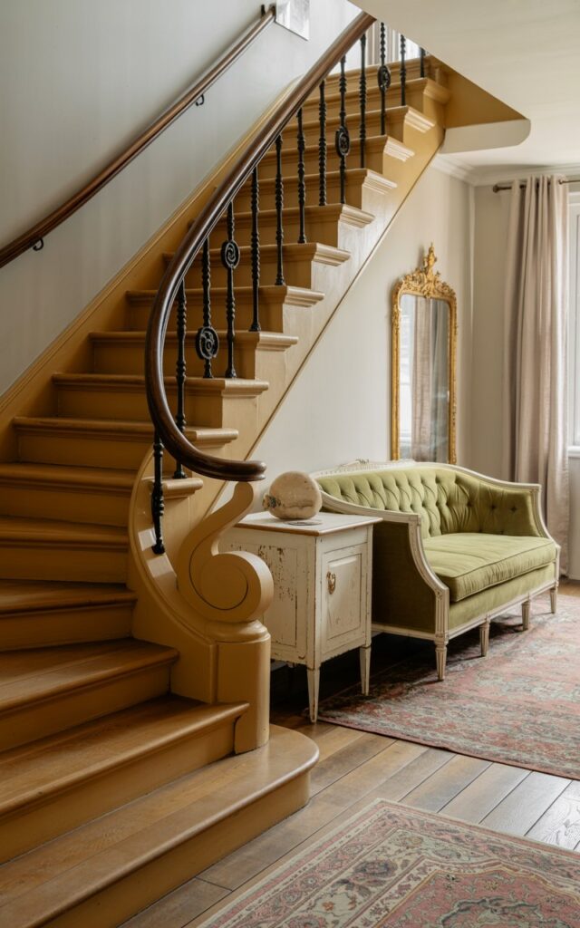 A beautifully styled Gustavian vintage living room showcasing an elegant curved staircase as its dramatic focal point. The staircase features polished honey-oak wooden treads paired with soft cream-painted risers, while a gracefully curved handrail in matching cream finish flows alongside slender black metal spindles with intricate scroll and floral detailing. The living room is furnished with classic Gustavian pieces including a tufted linen sofa in pale sage green, distressed white painted side tables, and an ornate gilded mirror reflecting soft natural light. Layered Persian rugs in muted rose and cream tones cover aged hardwood floors, while sheer linen curtains filter golden afternoon sunlight, creating an airy, refined atmosphere of timeless Scandinavian elegance.