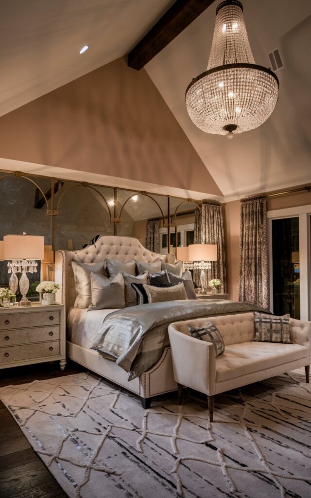 A high-resolution photo of a Hollywood glam-farmhouse bedroom at night. The room is fully furnished with a luxurious bed, layered bedding, and elegant nightstands. There's a dramatic statement chandelier hanging from a vaulted ceiling. The room is styled with glamorous finishes and rustic farmhouse elements. Warm, ambient lighting casts a cozy glow across the space, highlighting metallic accents, textured rugs, and decorative details.