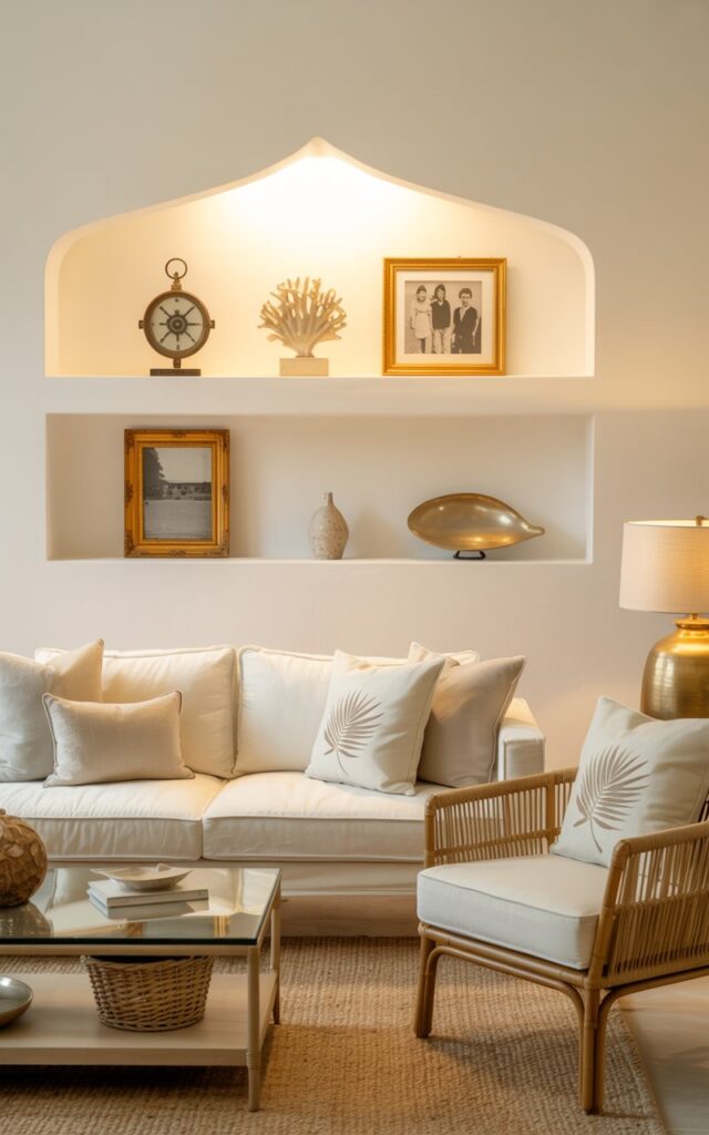 A modern Palm Beach-style living room with a pristine white sofa positioned beneath a carefully designed wall niche illuminated by a focused spotlight. The niche displays 4-5 curated objects including a vintage brass compass, coral sculpture, framed black-and-white family photograph, small ceramic vase, and polished seashell, each casting gentle shadows against the creamy backdrop. A sleek glass-top coffee table sits atop a natural jute rug, flanked by elegant rattan accent chairs with ivory linen cushions and throw pillows featuring subtle palm frond prints. The space glows with warm golden accents through brass picture frames and lamp fixtures, while natural textures of woven baskets and a cashmere throw create an atmosphere of refined coastal luxury bathed in soft, diffused sunlight.