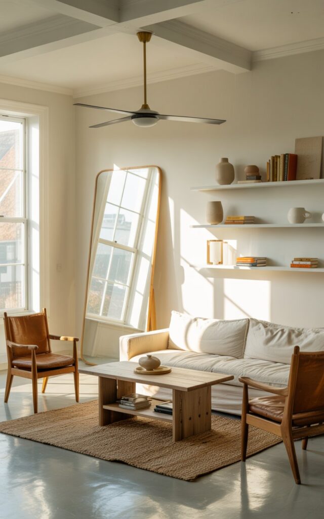 A bright, airy living room that perfectly blends Scandinavian minimalism with Americana warmth, featuring clean lines and cozy textural elements. A large rectangular mirror with a simple wooden frame leans effortlessly against a white wall opposite a picture window, capturing and reflecting streams of golden sunlight throughout the space. The room centers around a cream linen sofa paired with a weathered oak coffee table, flanked by two vintage leather armchairs and grounded by a chunky woven jute rug in natural tones. Minimalist floating shelves display ceramic pottery and vintage books, while a sleek ceiling fan and brass pendant light hang from the white coffered ceiling, completing the bright, welcoming atmosphere of modern comfort and timeless charm.