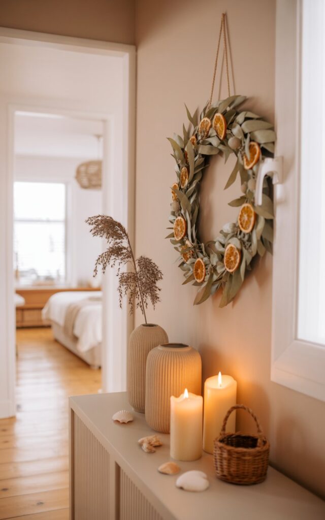 A photograph of a bright, airy hallway in a Scandinavian-coastal style home, leading to a glimpse of a bedroom at the end. A delicate wreath adorned with dried orange slices and faux leaves hangs centered on the soft beige wall, beside a small woven basket. A narrow console table beneath the wreath displays a collection of cream-colored ceramic vases, flickering pillar candles, and a sprig of dried pampas grass; a few scattered seashells rest subtly on the table. Warm, diffused light streams in from a window on the right, highlighting the light wooden floors and creating a cozy, transitional ambiance.