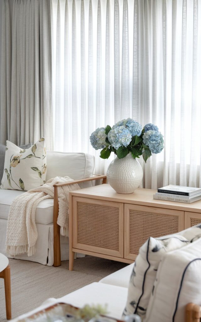 A photo of a Scandi + cottagecore living room with a soft, serene aesthetic and cozy minimalism. The room has light wood furniture, clean lines, woven textures, and subtle cottage-inspired details like floral prints and cozy throws. A simple patterned white ceramic vase on the TV console holds fresh blue hydrangeas, adding a gentle pop of color to the neutral palette. Natural light streams through sheer curtains, creating a calm, airy, and lived-in atmosphere that feels both elegant and homey.