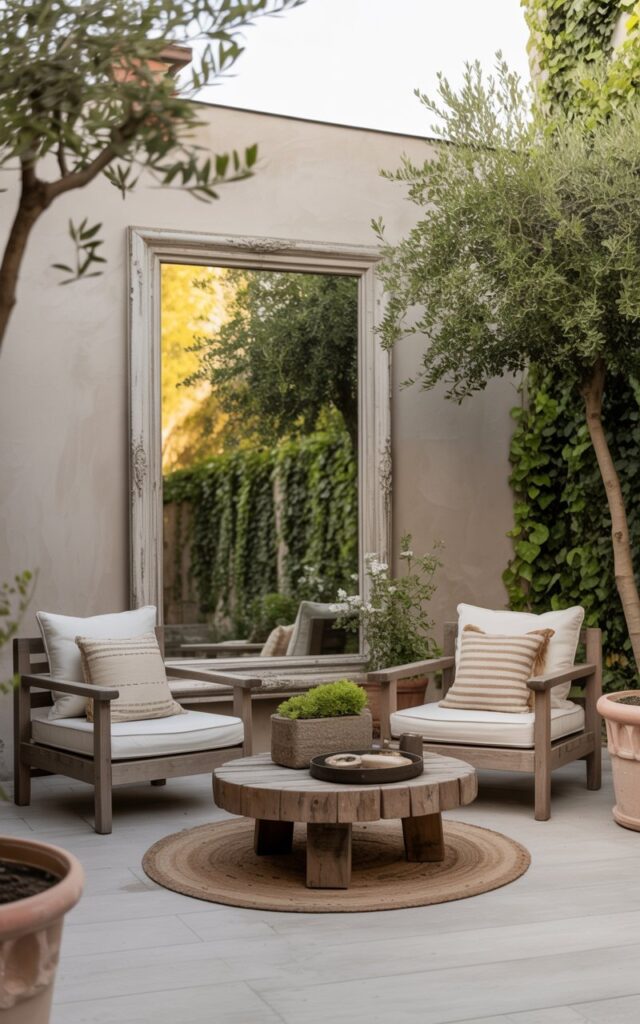 A photograph of a serene backyard patio designed in a Scandi-rustic style. The patio’s focal point is a pair of weathered wooden lounge chairs arranged around a low, round coffee table crafted from reclaimed wood, adorned with plush woven cushions in muted earth tones. A large, antique-style mirrored panel on one wall reflects the surrounding greenery of potted olive trees and climbing ivy, creating the illusion of a larger, more open space. Soft, golden hour light filters through the trees, casting gentle shadows and highlighting the natural textures of the wood, stone, and foliage.