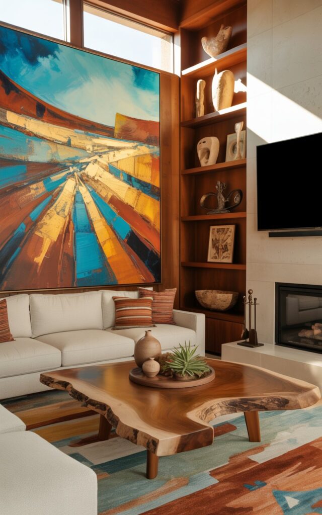 A photograph of a Southwestern-chic living room dominated by a large, vibrant abstract painting featuring bold turquoise, terracotta, and golden ochre brushstrokes mounted prominently above a cream-colored sectional sofa. The artwork commands attention with its dynamic geometric patterns reminiscent of desert landscapes, while below it sits a live-edge mesquite wood coffee table adorned with ceramic pottery and succulents. The space features built-in wooden shelving displaying Native American textiles and sculptural objects, a sleek wall-mounted TV positioned beside a contemporary stone fireplace, and a handwoven rug with subtle geometric patterns in rust and sage tones. Warm afternoon sunlight streams through large windows, casting golden rays across the textured surfaces and highlighting the rich interplay of natural materials and desert-inspired colors.