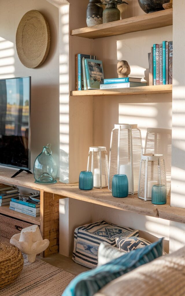 A photo of a Southwestern + shabby chic style living room with eclectic, relaxed charm and layered textures. There is a wooden shelf near the TV with 2-3 white lanterns mixed with 3 blue ribbed glass votives, surrounded by carefully arranged essentials—books, a small sculpture, and other miscellaneous decorative items. The room features warm earthy tones, woven textiles, rustic wood accents, and pops of turquoise and blue. Natural afternoon light filters in, casting soft shadows that enhance the cozy, lived-in aesthetic. The overall mood feels warm, soulful, and effortlessly stylish.