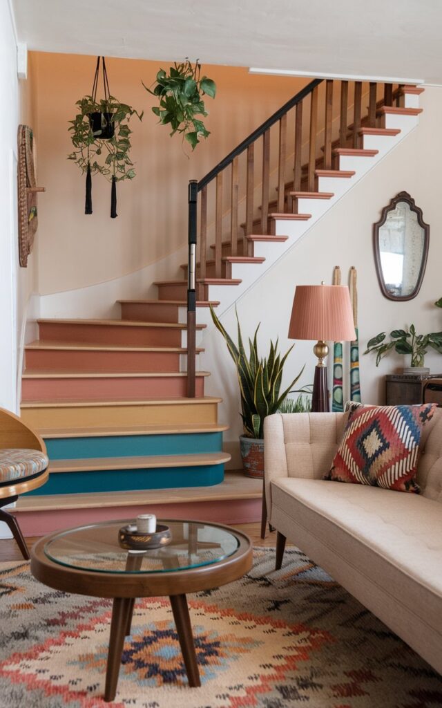 A photo of a boho and mid-century modern living room. The room has a beige sofa with a patterned throw pillow, a wooden coffee table with a round glass top, and a mid-century modern lamp. There is a retro chair with a round top and a patterned cushion. The walls have a few hanging plants and a vintage mirror. The room has a patterned rug. The focal point of the room is the staircase with risers painted in bold, patterned colors in warm, earthy tones—terracotta, mustard, teal, and coral. The treads are natural wood, paired with a sleek mid-century railing.
