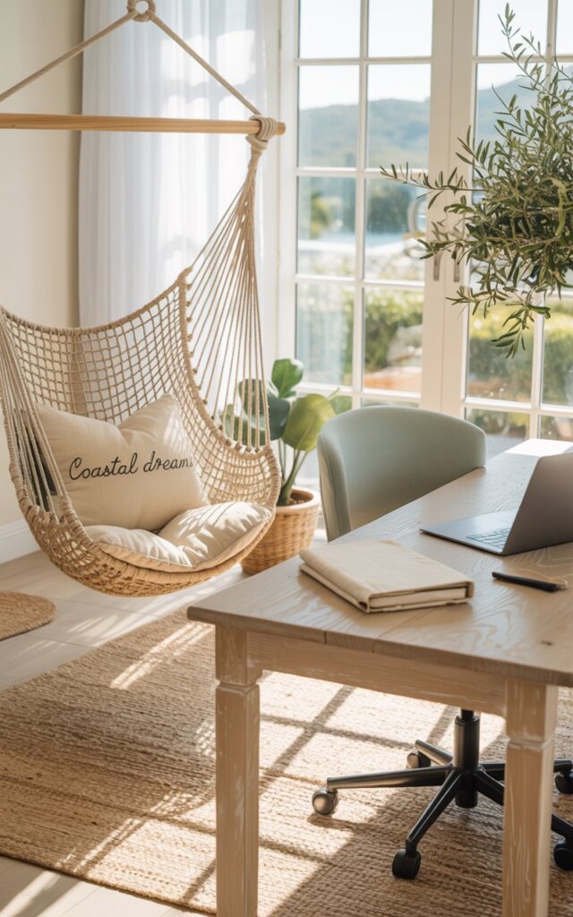 A photograph of a bright and airy home office bathed in California sunlight, showcasing a woven hammock chair suspended near a large window. The chair, crafted from natural beige rope, gently sways, with a plush cream-colored cushion and a throw pillow embroidered with "Coastal Dreams" casually tossed upon it. A sleek, light oak desk sits nearby, holding a silver laptop and a stack of linen-covered notebooks, complemented by a comfortable, pale blue ergonomic chair and a soft jute rug beneath. Soft, diffused light streams through the window, highlighting the room's blend of coastal blues and warm countryside tones, while potted eucalyptus and olive trees add a touch of natural vibrancy.