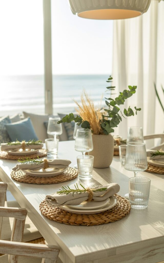 A bright coastal-style dining room bathed in natural sunlight streaming through airy white curtains, creating a serene seaside atmosphere. The whitewashed wooden dining table is elegantly set with crisp white dinnerware, clear glass stemware, and woven seagrass placemats, while soft beige linen napkins are artfully tied with rustic twine and adorned with fresh rosemary sprigs. A simple ceramic vase filled with dried sea grass and eucalyptus branches serves as the centerpiece, complementing the organic coastal theme. Above the table, a modern pendant light with a warm glow illuminates the scene, while soft blue accent pillows on nearby chairs and light driftwood-toned furniture complete the relaxed, breezy elegance of this oceanside dining space.