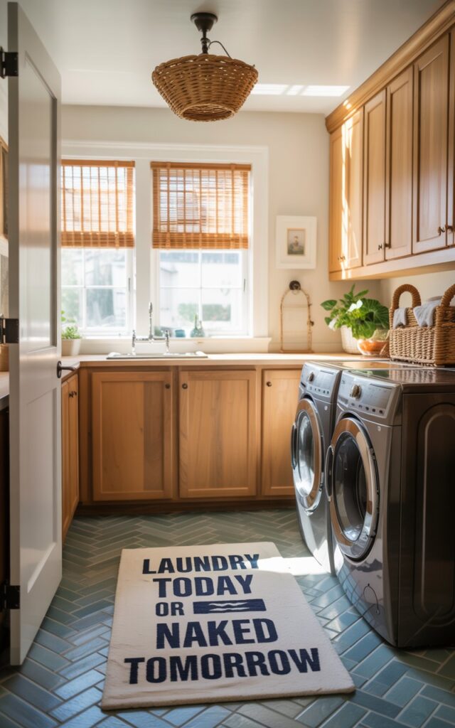 A bright, coastal stylish laundry room with a cozy, lived-in feel. A plush, patterned rug featuring the playful quote “Laundry today or naked tomorrow” sits neatly underneath the washer and dryer. The herringbone-tiled floor brings texture and sophistication, while soft filtered sunlight streams through a nearby window. Wood cabinets in warm natural tones provide balance and a touch of rustic charm.