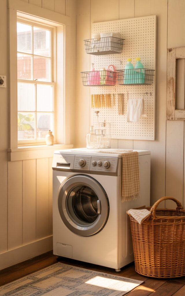 A photograph of a charming Americana-style laundry room, centered around a classic white washing machine. The washer stands beneath a small, meticulously organized pegboard displaying wire baskets holding colorful cleaning supplies and neatly arranged clothespins. Soft sunlight streams through a nearby window, illuminating the creamy pastel walls accented with rustic wood paneling and a checkered floor towel draped over the machine. A vintage wicker laundry basket and a subtly patterned woven rug complete the cozy, nostalgic scene.