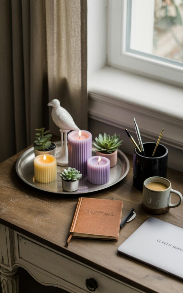 A photograph of a beautifully arranged French country home office desk. A silver tray on the desk holds a collection of scented candles – a tall lavender candle, a squat vanilla candle, and a small citrus candle – interspersed with miniature succulents, a delicate porcelain sculpture of a bird, and a sleek black pen holder containing a fountain pen. A worn leather-bound journal and an open laptop displaying "Le Petit Bureau" sit alongside a steaming ceramic mug, all resting on the desk's aged wood surface. Soft, diffused sunlight streams through a nearby window, illuminating the space and highlighting the linen curtains and distressed wood furniture creating a warm and inviting atmosphere.