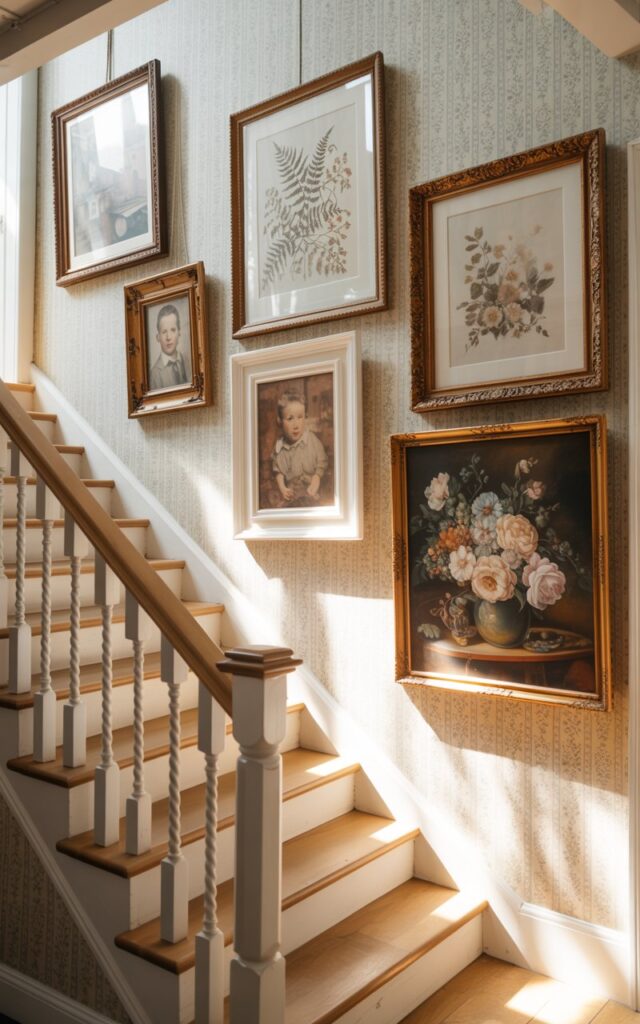 A photograph of a charming cottagecore-inspired living room featuring a graceful staircase with white-painted spindle railings and warm light oak treads. The staircase wall is adorned with subtle patterned wallpaper in soft cream and sage green tones, creating a gentle backdrop for five carefully curated artworks—two botanical illustrations of ferns and wildflowers in ornate antique gold frames, two sepia-toned family portraits in weathered wood frames, and one delicate floral still life painting showcasing pastel roses and peonies. Gentle sunlight streams through nearby windows, casting warm shadows across the white-painted railings and highlighting the Gustavian-style elegance with its blend of rustic charm and romantic refinement. The overall atmosphere exudes cozy sophistication with muted earth tones and vintage textures throughout the space.