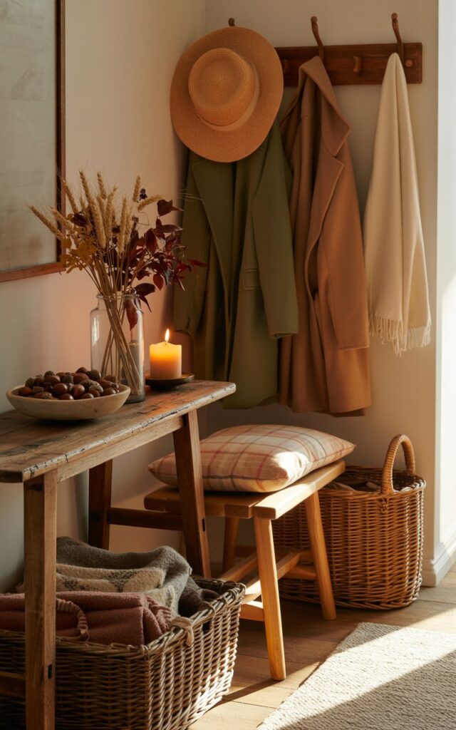 A cozy cottagecore-style hallway bathed in the warm glow of autumn, featuring rustic wooden furniture and carefully curated seasonal decorations. A weathered wooden console table displays a ceramic bowl filled with glossy acorns, a glass vase holding dried wheat stalks and burgundy leaves, and a pillar candle with a gentle flickering flame. Adjacent to the table, a simple wooden bench with soft plaid cushions in muted reds and creams sits beside a woven rattan shoe rack, while wall-mounted wooden hooks above hold a wide-brimmed straw hat, wool coats in forest green and camel brown, and a delicate cream-colored scarf. Two wicker baskets rest on the floor, overflowing with neatly folded blankets in earthy tones, as soft golden sunlight streams through a nearby window, casting gentle shadows and illuminating the rich wood grains and muted autumn palette.