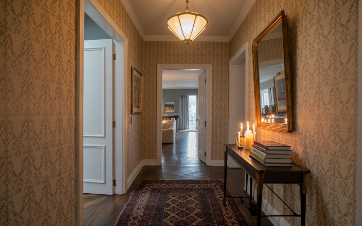 A charming, fully furnished and well-decorated hallway leading to a living room, featuring a catchy pendant light hanging from a stylish ceiling. A photograph of a warmly lit hallway leading to a glimpse of a living room. The hallway's patterned wallpaper features a delicate floral design in soft creams and muted greens, complemented by a rich, dark wood floor covered by a Persian rug with intricate geometric patterns. A slim console table, adorned with flickering candlelight and stacked art books, sits against the wall, with a large, ornate mirror above it reflecting the soft glow and adding depth to the space. A stylish pendant light with a brass finish hangs from the ceiling, casting a gentle, inviting ambiance across the elegant and balanced hallway.