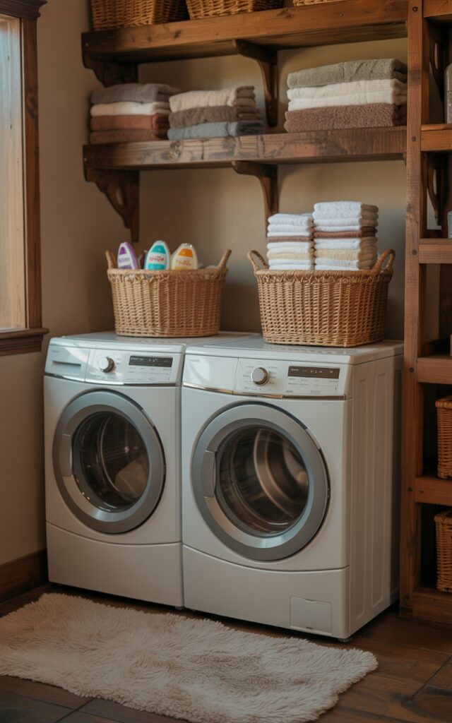 A photograph of a meticulously organized laundry room centered around a side-by-side washer and dryer. The appliances are a clean, modern white, with the tops neatly arranged with two woven baskets; one containing colorful detergent pods and the other stacked with neatly folded fabric softener sheets. Rustic wooden shelves line the wall, displaying folded towels in muted earth tones, while a plush, cream-colored rug anchors the space. Warm, diffused light filters in from a nearby window, illuminating the room and highlighting the cozy, functional aesthetic.