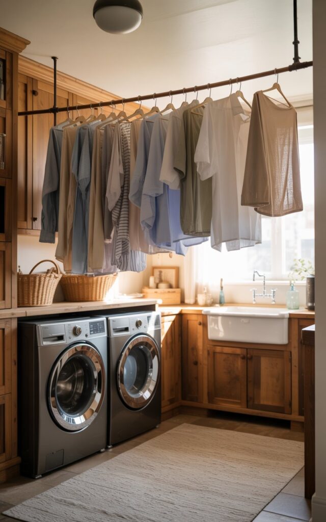 A photograph of a bright and airy laundry room styled with rustic and chic elements. A tension rod stretches across a corner, displaying a neatly arranged collection of damp towels and clothing in various muted colors. Below, a black washer and dryer stand side-by-side beneath rustic wooden cabinets, complemented by a farmhouse-style sink and a soft, neutral-toned floor rug. Natural light spills in from a nearby window, gently illuminating the warm wood tones and textures, creating a cozy and functional space.