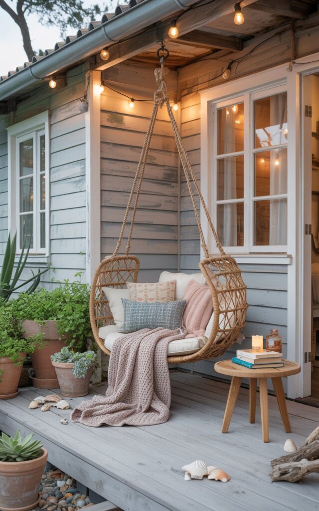 A photograph of a cozy coastal-boho patio seamlessly attached to a charming, weathered home. A woven rattan hanging swing chair sits invitingly in a corner, adorned with a mix of patterned cushions in muted blues, creams, and soft pinks, and draped with a chunky knit throw blanket. The patio features light-toned whitewashed wood decking, a small round wooden side table holding a stack of books and a flickering candle, and various terracotta pots overflowing with lush greenery and trailing succulents. Warm, twinkling string lights are draped overhead, casting a gentle, romantic glow on the scene, alongside scattered seashells and weathered driftwood adding to the relaxed ambiance.