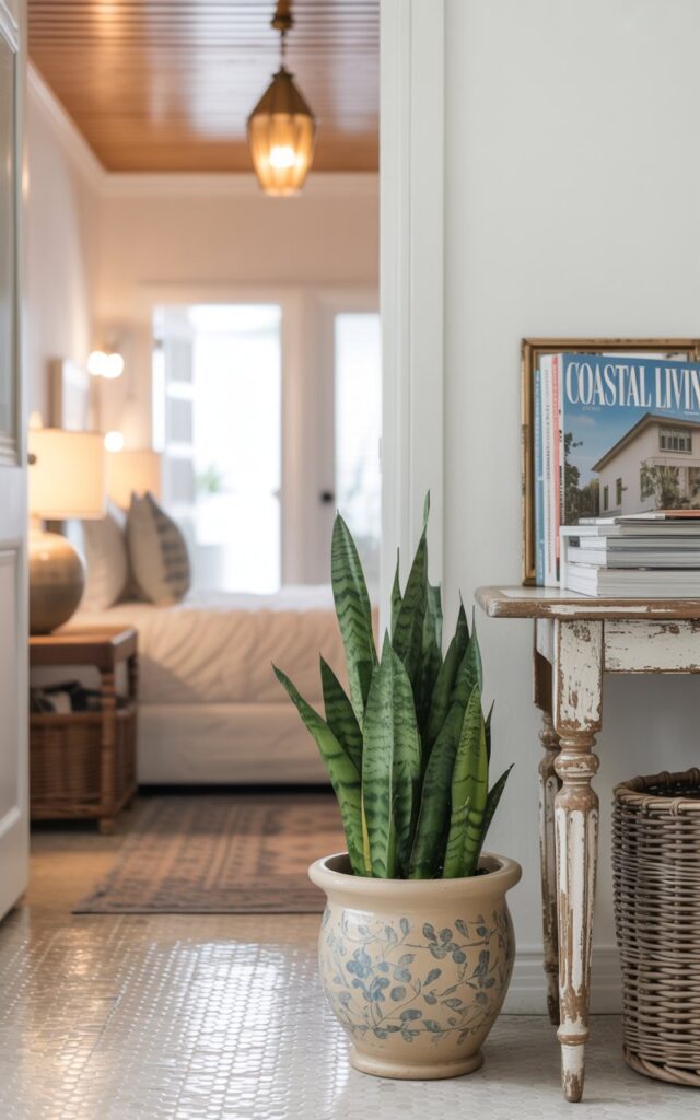 A photograph of a chic hallway leading to a softly lit bedroom, featuring a vibrant snake plant as the primary focus. The plant is nestled in a hand-painted ceramic pot with a subtle blue floral pattern, gracefully positioned in a corner beside a weathered vintage table displaying a stack of design magazines with "Coastal Living" prominently visible. Light-toned, hexagonal tiled flooring is partially covered by a patterned runner, and a wood slat ceiling is illuminated by a warm brass pendant light; woven baskets and driftwood-style accessories complete the coastal-inspired decor. Soft, diffused natural light streams through a doorway, highlighting the textures and airy, relaxed atmosphere of the hallway.