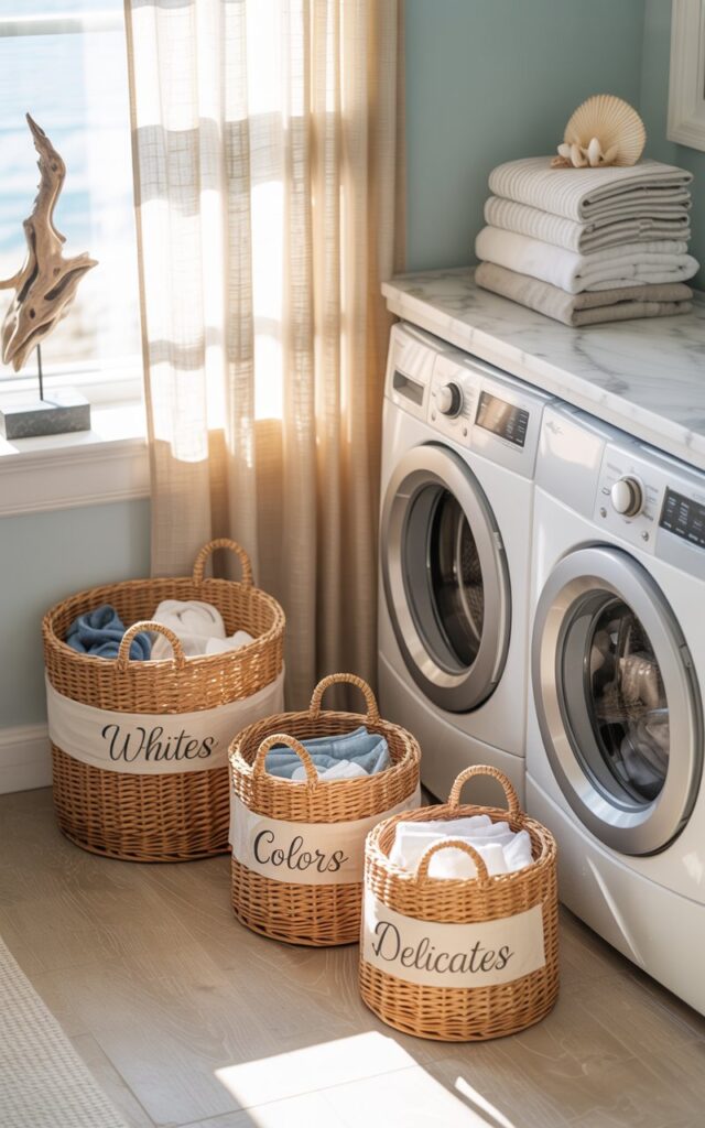 A photograph of a bright and airy coastal chic laundry room with a focus on the neatly arranged woven baskets. Three small, circular woven baskets are carefully placed on a light oak floor beside a white front-loading washer and dryer; the baskets are hand-written with “Whites,” “Colors,” and “Delicates” in elegant cursive script. Soft sunlight streams through a linen curtained window, illuminating a driftwood sculpture and a stack of folded soft linen towels with seashell accents placed on a white marble countertop. The room's walls are painted a calming pale blue and are softly lit, creating a serene and stylishly organized atmosphere.