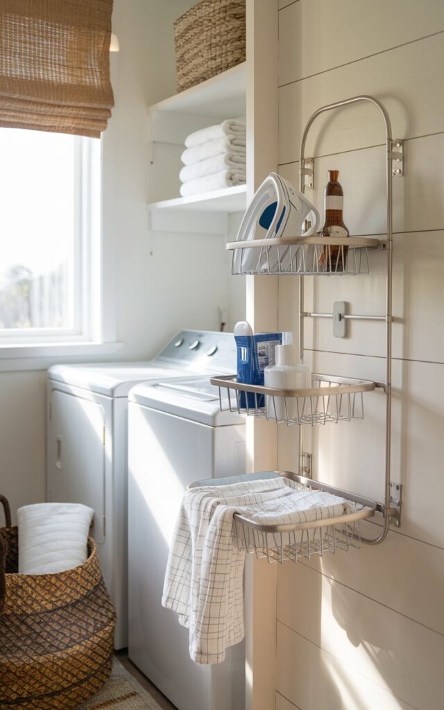 A photo of a coastal-chic style laundry room with a sleek 2-tier wall-mounted caddy holding ironing supplies. The caddy is installed beside the washer and dryer. The room contains a woven basket, a curtained window, and folded towels. The soft, ambient natural light illuminates the space.