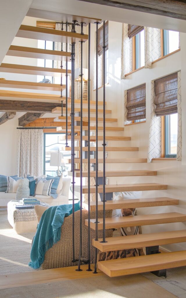 A photo of a coastal chic style living room with a staircase featuring open risers. The staircase is made of natural oak wood and has slim black metal supports. Sunlight filters through the open risers, illuminating the space. The room has a cozy alpine texture with soft wool throws, wooden beams, and stone accents. There are also breezy coastal elements such as white walls, woven décor, and ocean-inspired hues. The room has curtained windows.