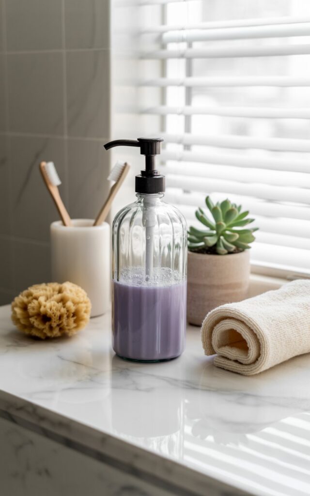 A lifestyle photograph of a coastal-style bathroom counter featuring a vintage glass bottle with pump dispenser filled with lavender-colored liquid soap as the centerpiece. The weathered glass bottle sits alongside a small white ceramic toothbrush holder, a natural sea sponge, and a neatly rolled cream-colored hand towel, all arranged on a pristine white marble countertop with subtle gray veining. Soft, diffused natural light streams through a nearby window, casting gentle shadows that enhance the textures of each object. A small jade succulent in a simple terracotta pot completes the serene composition, creating an airy, minimalist aesthetic with clean lines and calming coastal charm.