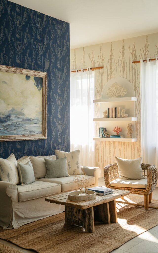 A spacious coastal-style open concept living room with one striking navy blue accent wall featuring an intricate botanical wallpaper pattern and a large abstract seascape painting in weathered gold frames. The remaining walls are dressed in soft cream wallpaper with delicate sea grass motifs, while a plush linen sofa in sand beige sits alongside a rustic driftwood coffee table and woven rattan armchairs with ivory cushions. Natural light streams through sheer white curtains, illuminating built-in white shelving displaying coral specimens and nautical books, while jute area rugs and linen throw pillows in seafoam green complete the serene, sophisticated atmosphere. The room's airy layout emphasizes the dramatic contrast between the moody accent wall and the light, breezy coastal elements throughout the space.