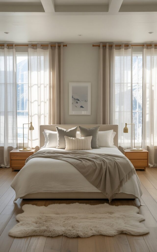 A photograph of a serene coastal–alpine chic modern bedroom showcasing perfect symmetry. A king-sized bed with crisp white linen sheets, a soft grey wool blanket, and several textured throw pillows sits centered against a wall of expansive windows draped with sheer beige curtains. Flanking the bed are matching wooden nightstands with minimalist brass lamps, and a plush ivory rug anchors the room, while natural light gently illuminates the blonde wood flooring and pale grey walls. The scene conveys a sense of polished elegance and tranquil comfort, with a single framed print of a snowy mountain range subtly displayed above the bed.