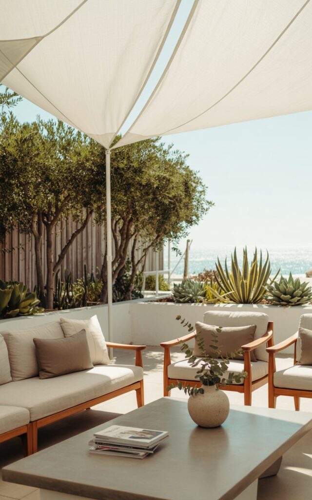 A photograph of a coastal-mid-century modern patio featuring a crisp white canopy sail suspended above a sleek seating area. Below the sail, a low-profile teakwood sofa and two armchairs are adorned with linen cushions in shades of sand and dove gray, facing a polished concrete coffee table holding a stack of design magazines and a ceramic vase with sprigs of eucalyptus. Lush, potted olive trees and succulents line the perimeter, while the background reveals a glimpse of the turquoise ocean through a weathered wooden fence. Soft, diffused sunlight streams through the canopy, creating a serene and stylish atmosphere.