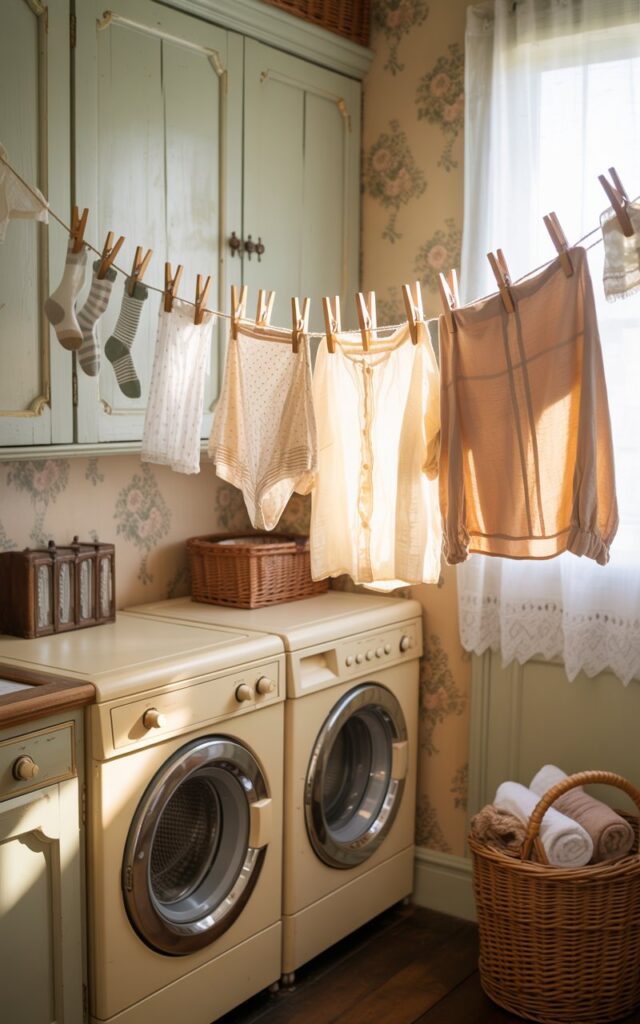 A photograph of a charming cottagecore laundry room bathed in soft, natural light. A weathered wooden clothesline stretches diagonally across the corner, adorned with delicately patterned socks, linen shirts, and lace undergarments secured by vintage wooden clips. Below the clothesline, a vintage washing machine and dryer stand beside painted cabinetry, complete with antique brass knobs and ceramic doorknobs. The room's walls are adorned with faded floral wallpaper and a woven basket filled with rolled-up towels sits in the corner.