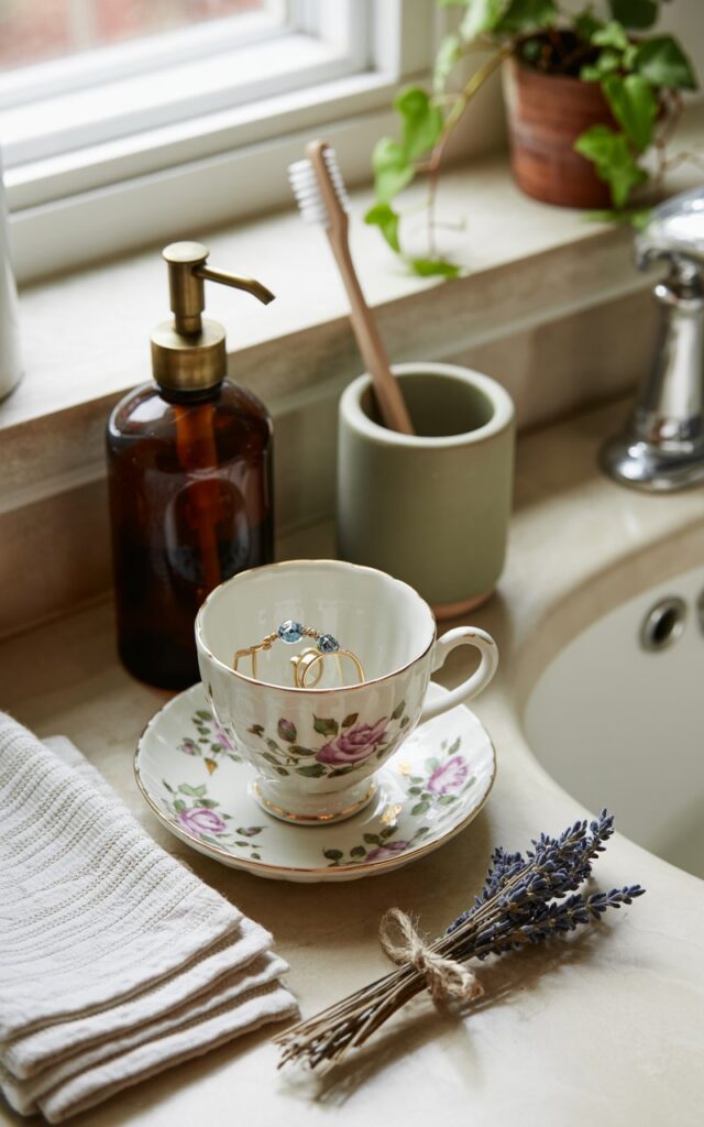 A cottagecore-inspired photograph of an elegant bathroom counter showcasing a vintage porcelain teacup with delicate rose patterns, repurposed as a charming jewelry holder with rings and small earrings nestled inside. The teacup sits alongside curated essentials including an amber glass soap dispenser with brass pump, neatly folded cream linen hand towels, and a matte ceramic toothbrush holder in sage green. Soft morning light filters through a nearby window, casting gentle shadows and illuminating the intricate floral motifs on the teacup while highlighting the natural textures of woven linen and smooth stone countertop. A small terracotta pot with trailing ivy and a bundle of dried lavender tied with twine complete the serene, whimsical scene.