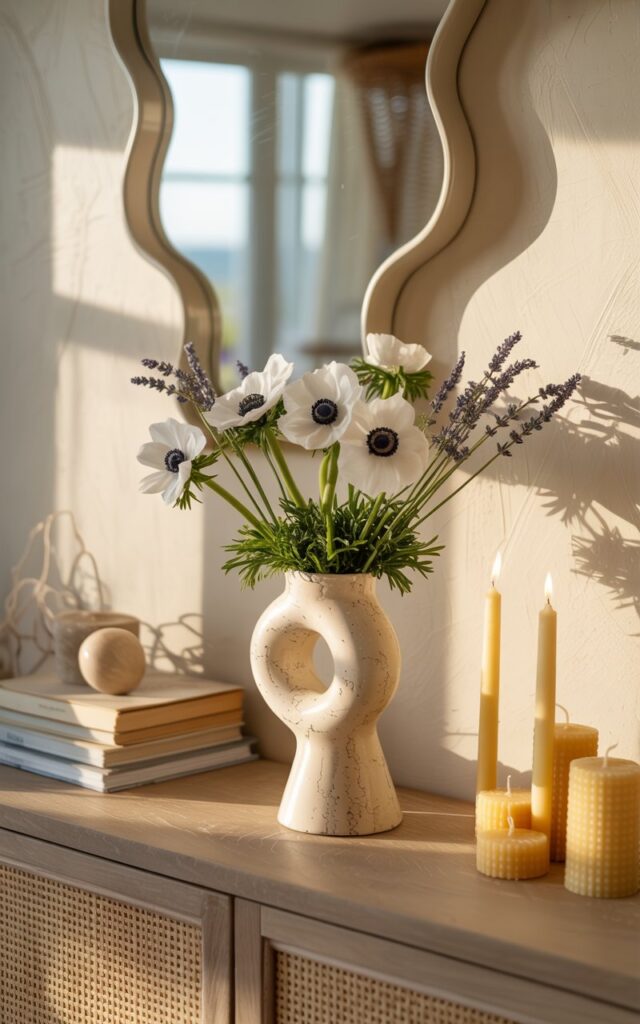 A photograph of a beautifully styled console table, capturing the essence of cottagecore and coastal design. A sculptural vase, shaped like a feminine form, gracefully holds a bouquet of fresh white anemone and sprigs of sea lavender.  Beside the vase, a collection of beeswax candles and well-loved books create a sense of warmth, while a scalloped mirror hangs above, reflecting the soft light. Textured cream-colored walls and a natural wood floor establish a relaxed, airy atmosphere, bathed in the gentle glow of morning sunlight.
