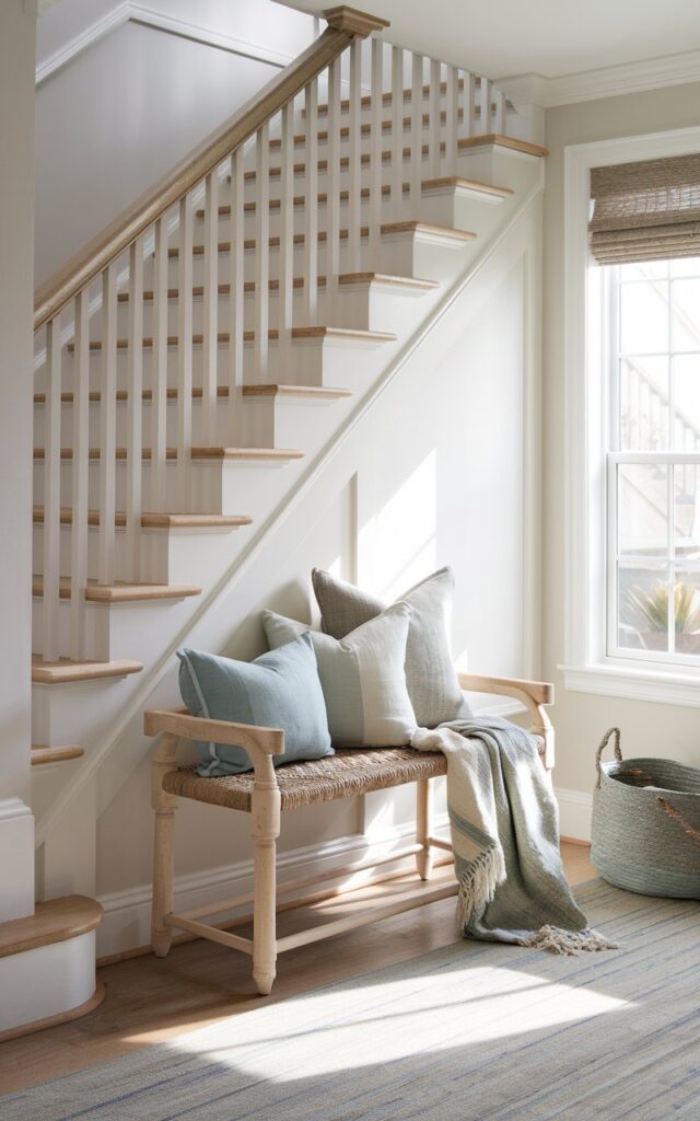 A coastal style hallway with a cottagecore aesthetic. There's a staircase with a small, light weathered wood bench near the landing. The bench has a woven rattan seat and is topped with soft linen cushions in muted coastal tones—cream, sage, and sky blue. A cozy throw blanket is draped casually over one side, and a woven basket sits nearby for storage. The staircase has white risers and natural wood treads. Soft sunlight streams through a nearby window, creating a breezy, inviting space that feels both charmingly rustic and effortlessly coastal.