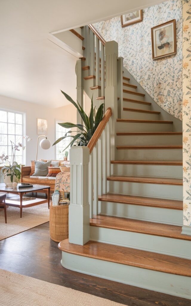 A photo of a living room with a cottagecore and mid-century modern style. There is a staircase with contrasting treads and risers, where the treads are made of warm natural wood and the risers are painted in a soft cream or sage tone. The staircase has clean mid-century lines and is paired with floral wallpaper and woven accents. The living room has cozy textures like linen cushions, vintage art, and plants, and it also has sleek furniture and retro lighting. The room perfectly balances warmth, nostalgia, and modern simplicity.