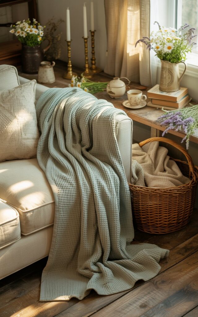 A cozy cottagecore-style living room featuring a plush cream-colored sofa draped with a sage green waffle-weave throw blanket that cascades naturally over one arm. The sofa is positioned near a rustic wooden side table adorned with a ceramic pitcher filled with wildflowers, vintage books, and a steaming cup of tea, while a woven wicker basket filled with soft wool blankets sits tucked beneath. Fresh daisies and lavender sprigs are scattered throughout the space alongside antique brass candlesticks and ceramic pottery, creating an atmosphere of romantic nostalgia. Soft, golden sunlight filters through linen curtains at a nearby window, casting gentle shadows across the weathered wooden floors and highlighting the room's texture-rich fabrics and natural materials.