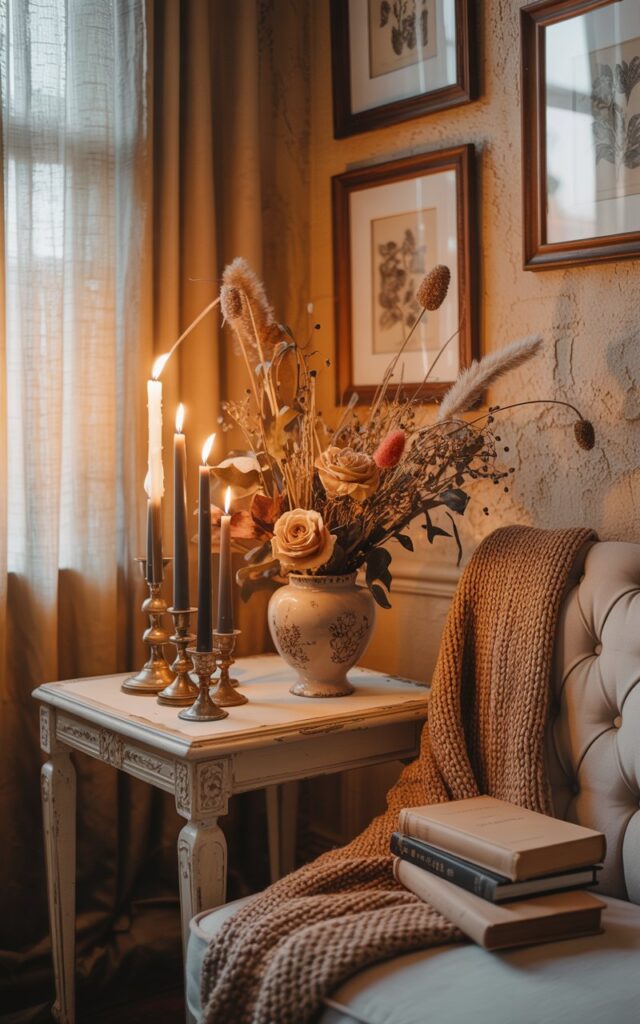 A cozy cottagecore living room corner bathed in warm, golden candlelight with a gently mysterious atmosphere. An ornate vintage wooden side table displays tall black taper candles in weathered brass holders, their flickering flames casting dancing shadows across the room, accompanied by a delicate ceramic vase filled with dried roses, feathery pampas grass, and rustic seed pods in muted amber and dusty rose tones. Behind the arrangement, cream-colored textured plaster walls showcase vintage botanical prints in dark wooden frames, while a plush tufted armchair draped with a chunky knitted throw in oatmeal sits nearby with a stack of leather-bound books resting on its arm. Layers of linen curtains filter soft natural light, blending with the candlelit glow to create an intimate, old-world sanctuary that perfectly captures romantic cottagecore charm with a touch of autumn melancholy.
