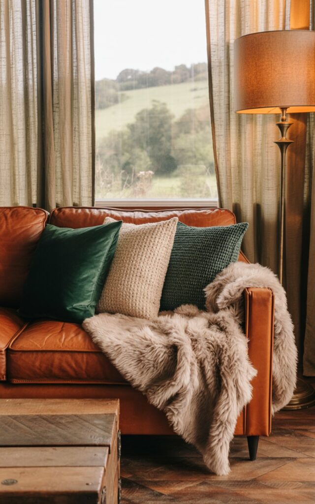 A photograph of a countryside-style living room showcasing a worn leather sofa in rich cognac brown, adorned with three distinct textured cushions in emerald velvet, cream bouclé, and charcoal knit fabrics. A luxurious faux fur throw blanket in soft ivory drapes casually over one arm of the sofa, creating inviting layers of contrast against the leather. The scene features a rustic reclaimed wood coffee table, a tall brass floor lamp with a linen shade, and gauzy linen curtains framing a window that reveals rolling green hills and distant trees. Warm golden hour light filters through the window while the floor lamp casts a gentle amber glow, highlighting the earthy palette of terracotta, sage green, and warm wood tones throughout the cozy space.